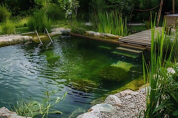 Fototapeta na wymiar Natural swimming pool with a filtration system using plants and gravel, creating a chemical-free environment.