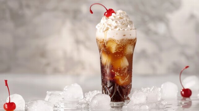 Frosty Root Beer Float with Vanilla Ice Cream and Cherry