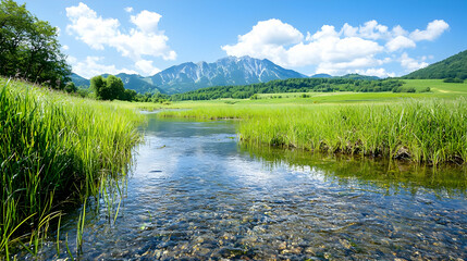 Fototapeta premium Clear stream flows through a lush green alpine meadow under a blue sky with mountains in the background.