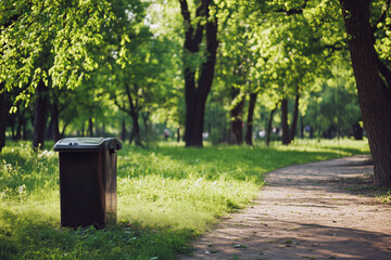 A garbage can for dog waste standing next to trail in the park. Copy space, mockup