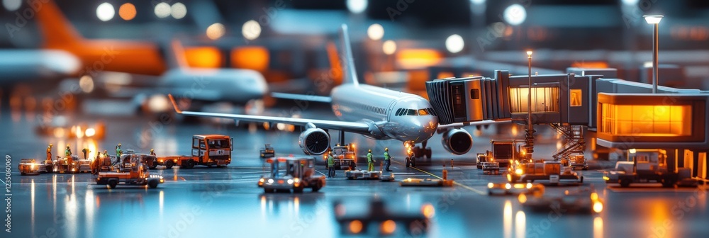 Poster busy airport terminal bustling with workers and service vehicles in dynamic activity around parked a