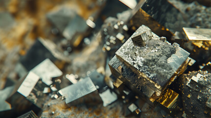 Close-up of pyrite crystals with sharp edges and metallic luster, showcasing natural mineral textures.