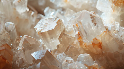 Close-up view of translucent quartz crystals with intricate details and a warm, glowing hue. Calcite ore