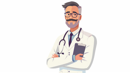 Fototapeta premium Illustration of a confident male doctor with a beard, wearing glasses, a stethoscope, and holding a clipboard.