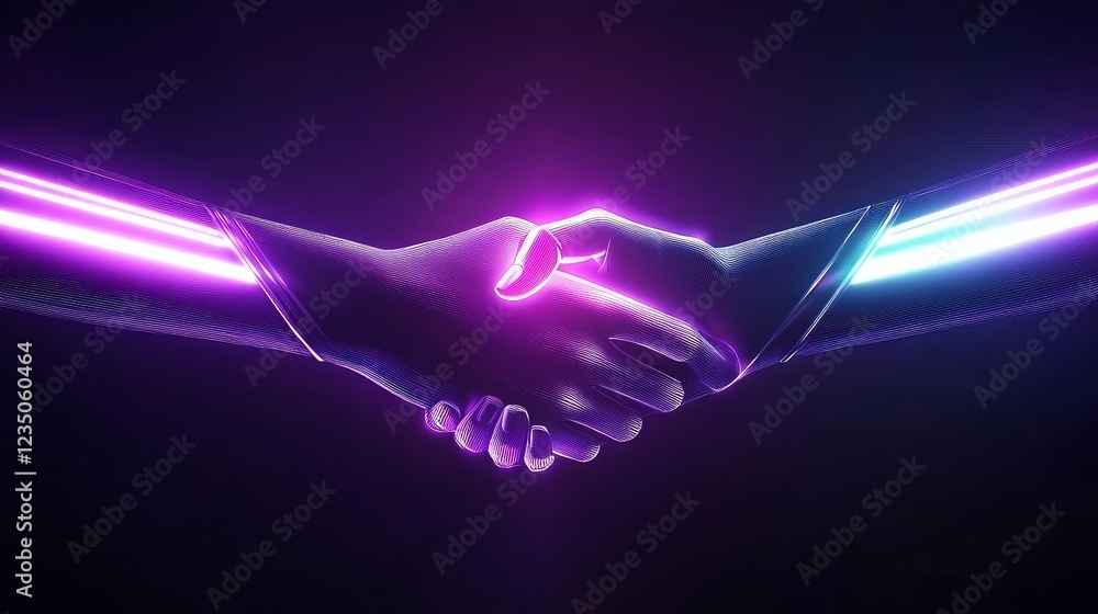 Poster a handshake designed in a digital futuristic style with neon and light effects symbolizing collabora