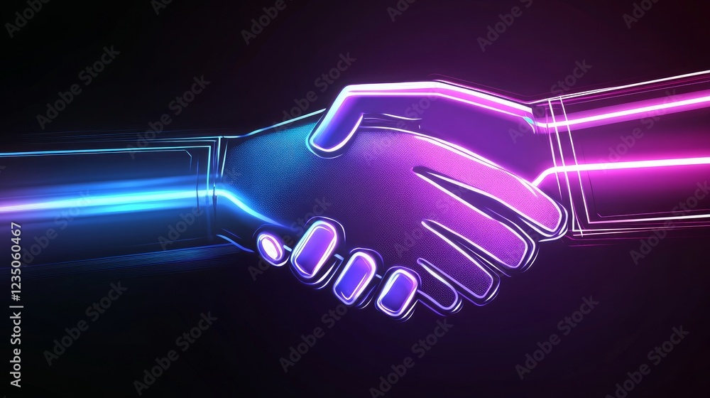 Poster a handshake designed in a digital futuristic style with neon and light effects symbolizing collabora