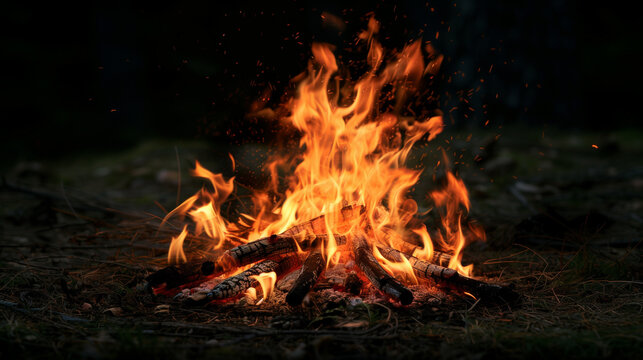 A vibrant campfire with flames dancing in the dark, surrounded by woods