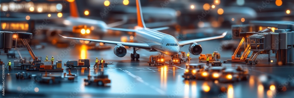 Poster busy airport terminal with parked airplanes and service vehicles during peak activity hours. generat