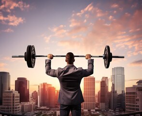 arafed man in a suit lifting a barbell over his head