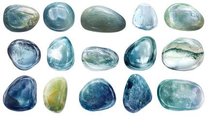 Polished gemstones showing different colors and textures on transparent background