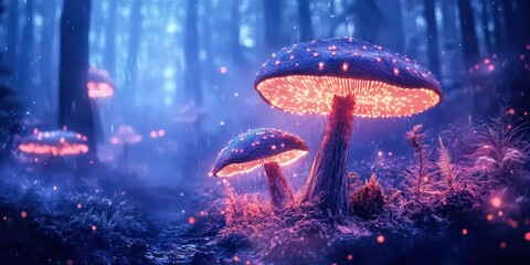 Enchanted glowing mushrooms in a mystical forest at twilight