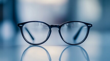 Eyeglasses on table, office background, vision