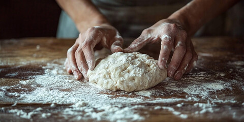 Hands kneading dough on a wooden surface dusted with flour highlight the traditional process of breadmaking and the craftsmanship of baking.