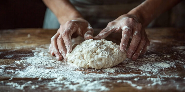 Hands kneading dough on a wooden surface dusted with flour highlight the traditional process of breadmaking and the craftsmanship of baking.