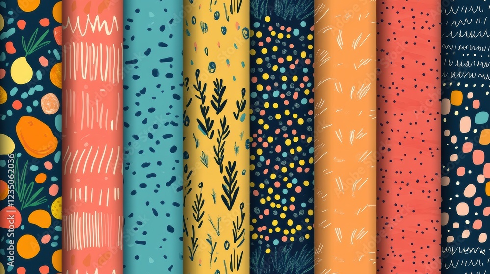 Poster vibrant patterns featuring geometric shapes and natural elements in diverse colors for artistic proj