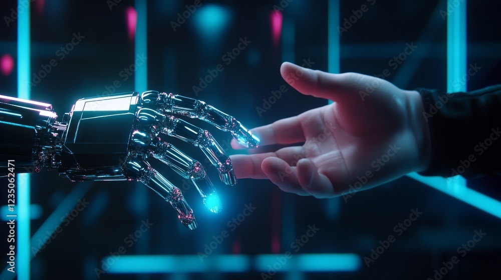 Poster a robot hand and a human hand reach out to make contact in a 3d rendering