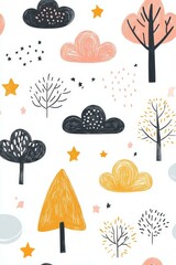 Naklejka premium Colorful and whimsical nature pattern with trees and clouds