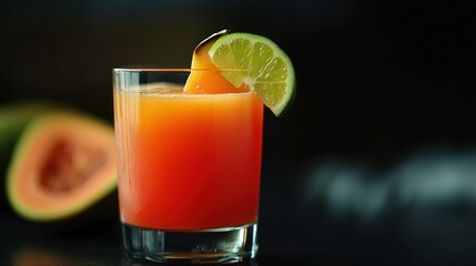 Fototapeta premium Refreshing papaya juice, lime garnish, dark background, healthy drink