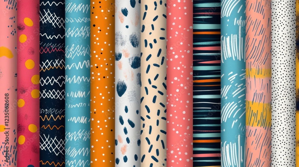 Poster colorful collection of patterned rolls showcasing various designs in a bright and artistic setting. 