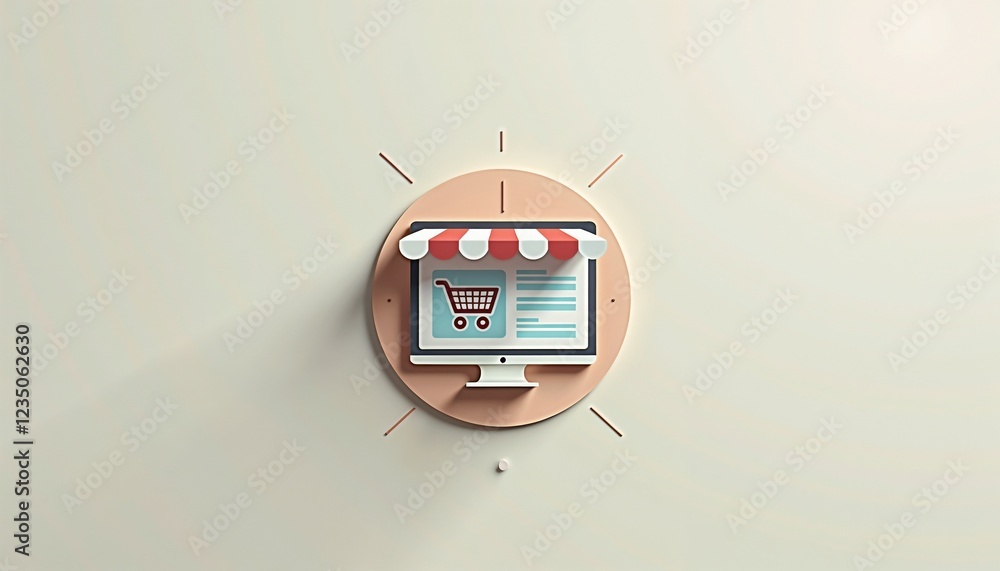 Poster minimalist tech concept featuring flat icon of online store layout with shopping cart and categories