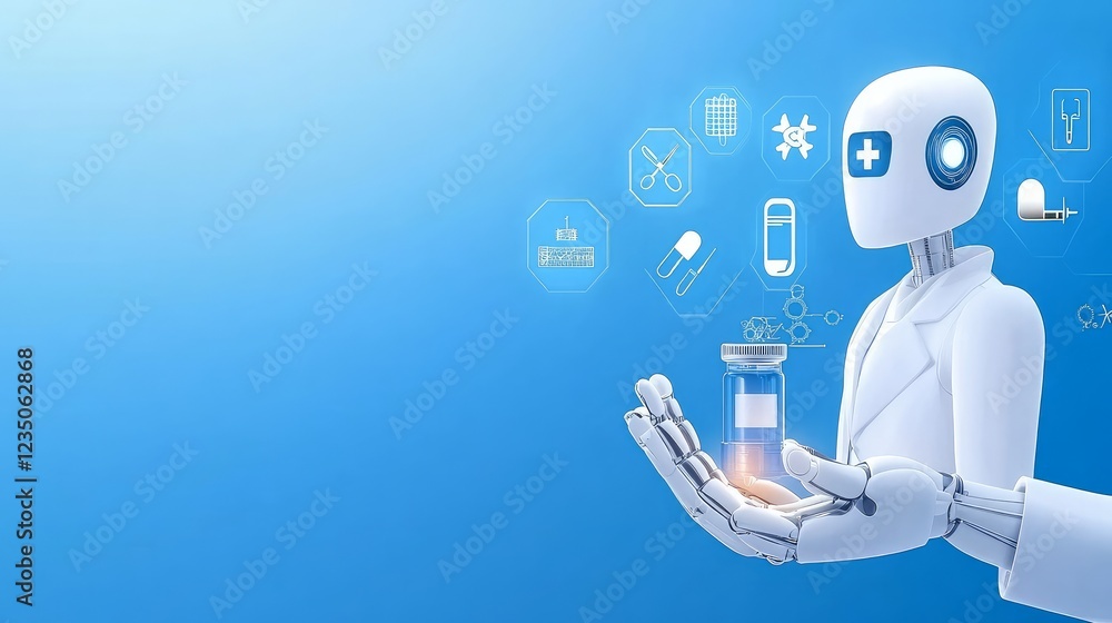 Poster a robots hand assists in medical healthcare practices supporting surgical performance with a graphic