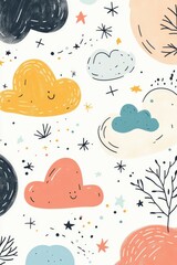 Colorful clouds and stars pattern on a white background