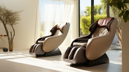 Two plush massage chairs bask in natural sunlight in a serene room, embodying relaxation and comfort.