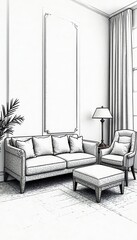 Black and white sketch of stylish furniture suite Sofa, chairs, beds & tables , home, modern