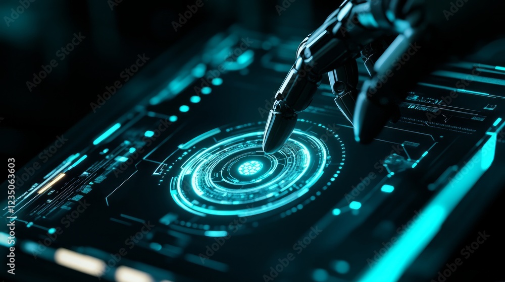 Poster a robots mechanical arm or hand presses an index finger on a virtual holographic interface demonstra