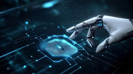 A robots hand points to a security concept with a shield lock on a digital screen symbolizing cybersecurity