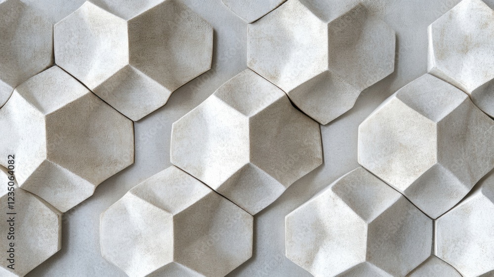 Aufkleber Decorative wall featuring hexagonal cement tiles arranged in a modern abstract pattern with neutral colors and textures. Generative AI