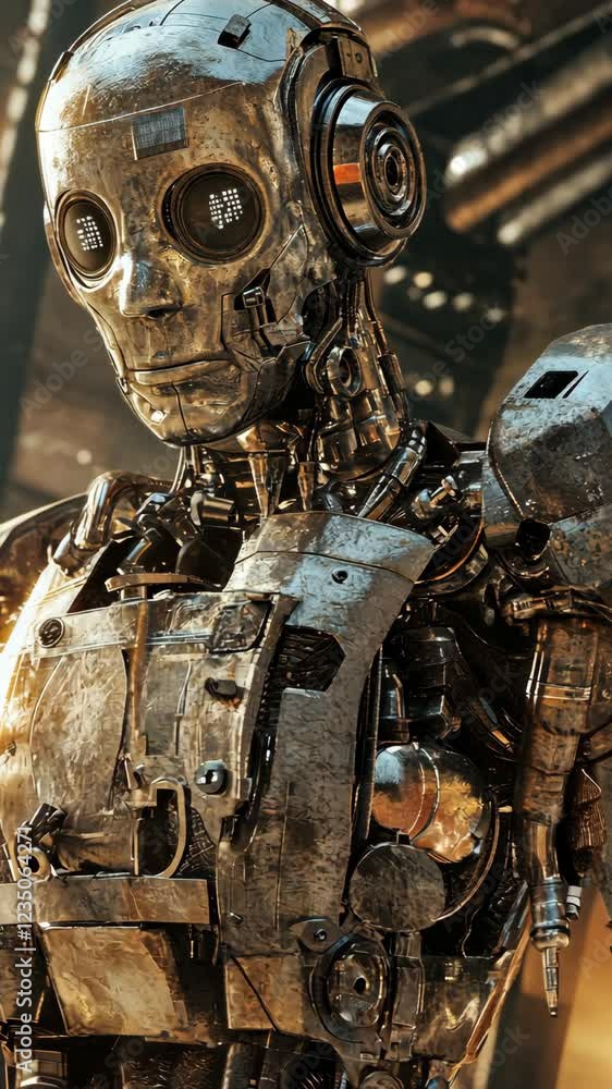 Poster mechanical humanoid robot stands in a futuristic workshop illuminated by soft light and shadows in a