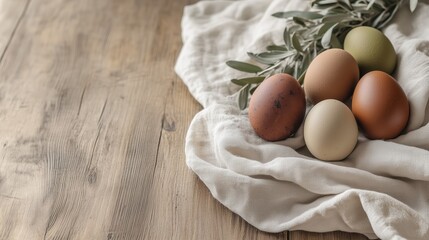 Modern Easter table with matte terracotta plate, olive-green eggs, linen napkin tied, rosemary sprig. easter concept