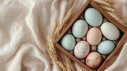 wooden crate filled with pastel eggs, dried wheat stalks, tiny bunny figurine. Soft cream-colored fabric, easter concept