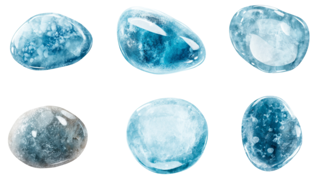 Set of six blue and light blue polished tumbled gemstones with transparent background
