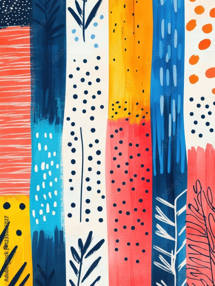 Poster colorful abstract design featuring vertical stripes and playful patterns in vibrant tones on a white