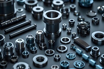 Intricate Black Steel Industrial Hardware and Components in Monochrome Minimalist Product Photography