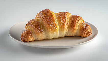 A perfectly baked croissant placed on a clean white background, showcasing its golden-brown crust, flaky layers, and delicate texture. The minimalist composition highlights the elegance and delicious