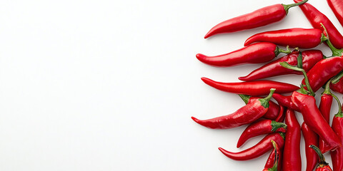 Red chili peppers are artfully arranged with scattered spices and leaves on a white background, emphasizing bold colors, heat, and the essence of spicy cooking.
