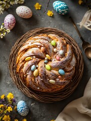 Easter cake festive celebration table traditional decor treats. Happy easter holiday! portion on the table meal snack outdoor top view copy space. food background rustic.