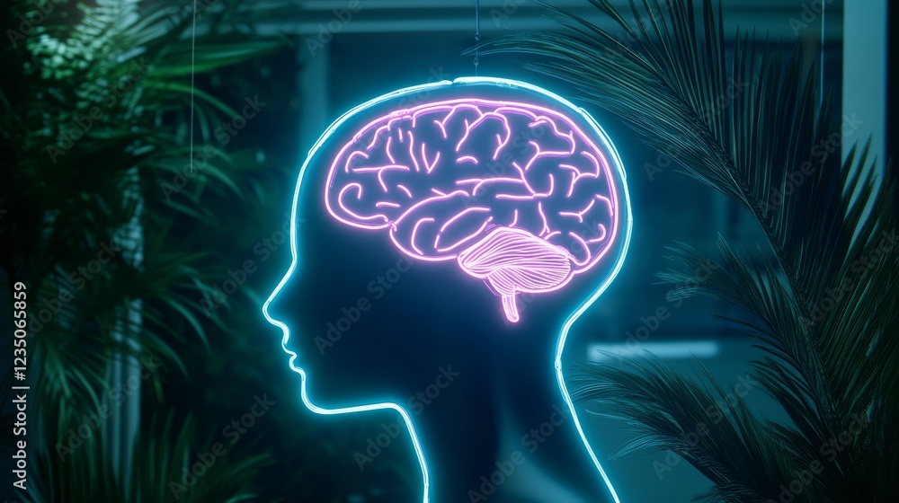 Poster ai concept featuring an electronic brain a neon human head silhouette with artificial intelligence h