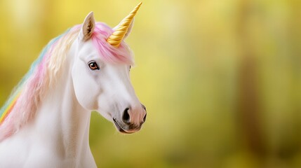 Pastel Rainbow Unicorn Portrait Against Yellow Green Blurred Background