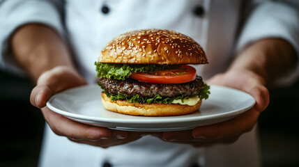 Homemade cheeseburger with lettuce and tomato, a delicious and classic fast food lunch option.