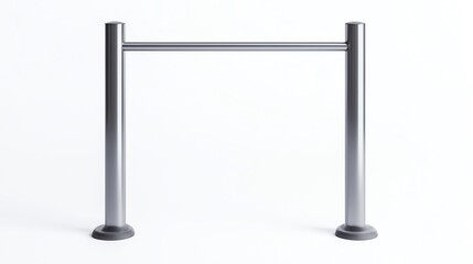 A modern metallic barrier system with two vertical poles and a horizontal bar, designed for crowd control or queuing, isolated on a white background for clear presentation.