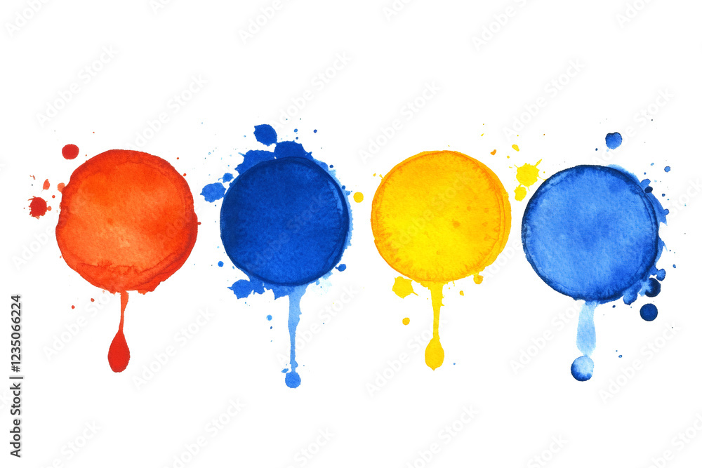 Poster watercolor circles in red, blue, yellow dripping dynamically, forming colorful abstract pattern on t