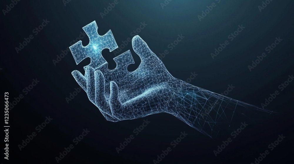 Poster an abstract hand holds a jigsaw puzzle hologram illuminated in a futuristic blue symbolizing digital