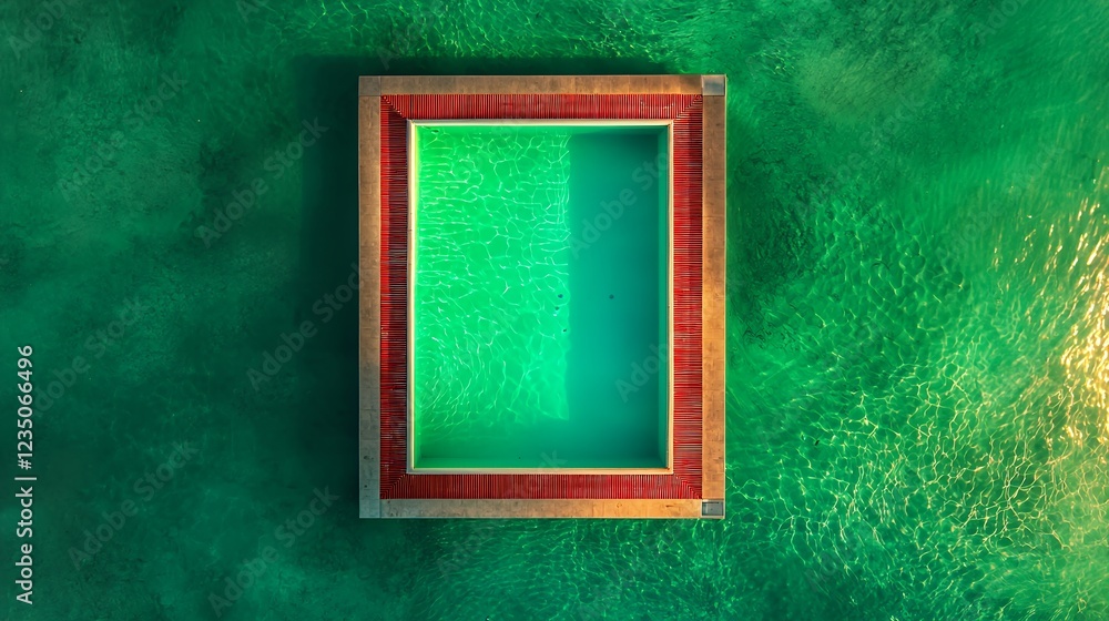 Poster aerial view of rectangular pool with vibrant green water and red frame