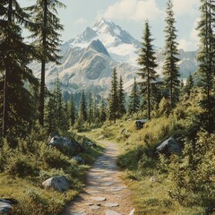 Scenic mountain path through lush forest landscape