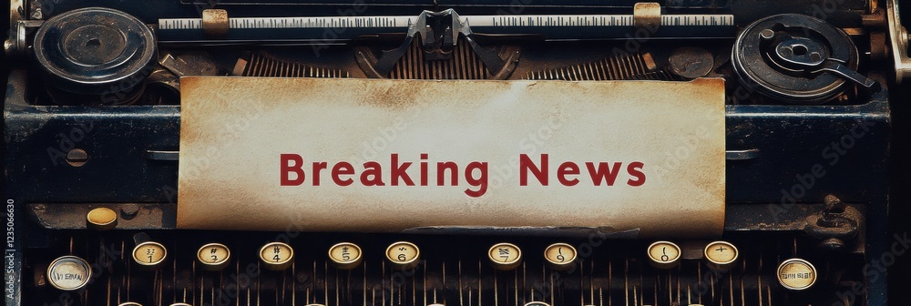 Aufkleber vintage typewriter with blank paper displaying breaking news in bold letters at a classic writing de