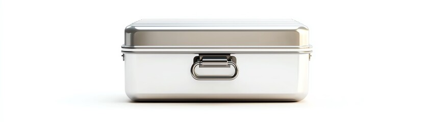 A sleek, metal lunchbox with a shiny silver finish, perfect for carrying meals. Ideal for outdoor picnics, school lunches, or as a stylish storage solution.